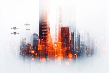 A futuristic city split in two, with one half showing a decayed, dystopian skyline and the other featuring glowing skyscrapers, flying cars, and advanced green energy solutions, symbolizing