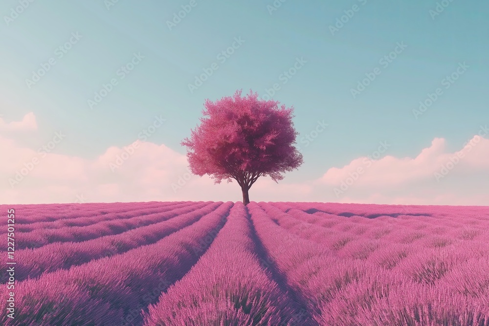 Poster A single tree in the middle of an endless lavender field 