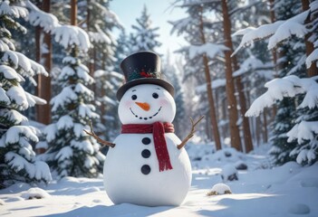 Obraz premium Snowman surrounded by snow-covered trees and a snowy landscape, with a festive holiday decoration nearby, festive decoration, winter wonderland