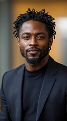 A Portrait Of A Young Black Man In A Dark Suit, Looking Directly At The Camera With A Neutral Expression. The Image Is Well-Lit And Has A Slightly Moody Atmosphere.