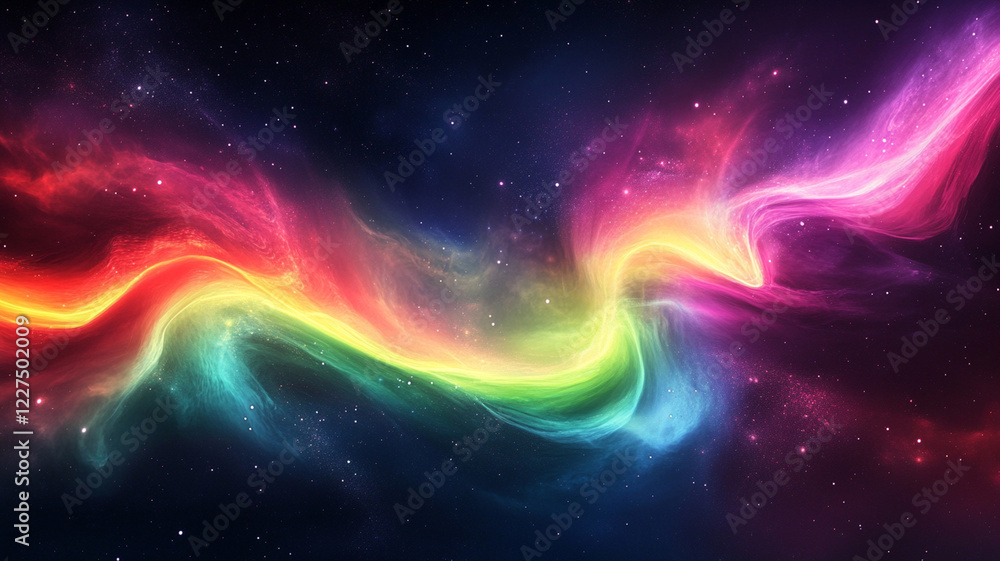 Poster vibrant cosmic waves of color flowing through a starry galaxy, creating a mesmerizing visual effect