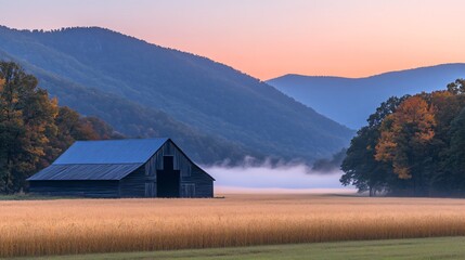 Golden Wheat Field and Wooden Barn Basking in Vibrant Sunrise Colors of Rural Landscape