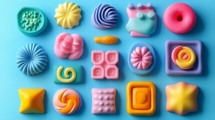 A collection of isolated 3D abstract shapes in a playful plasticine-style design, offering a vibrant, cartoonish aesthetic