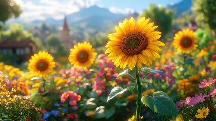 Fototapeta premium Sunflowers in vibrant flower field, idyllic village background.