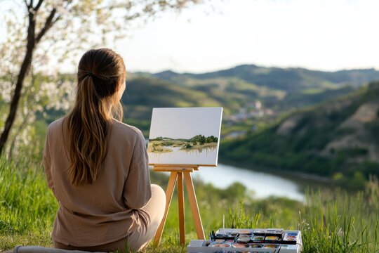 A woman artist creates a serene landscape painting near a water body, showcasing her dedication to highlighting the beauty of nature through art and tranquility.