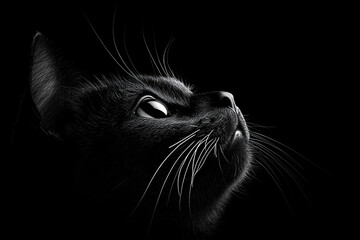 A close-up portrait of a black cat gazing upward against a dark background, highlighting its features