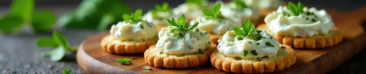 Pungent blue cheese spread on crackers, garnished with fresh herbs, brown color, appetizer, food