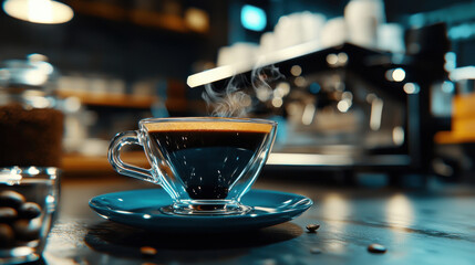 steaming cup of coffee in glass mug on blue saucer, with cozy cafe background