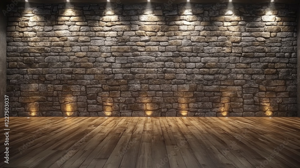 Aufkleber empty room with stone wall and wooden floor illuminated by soft lighting creating a warm and invitin
