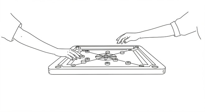 Line drawing of two hands over a carrom board with pieces scattered.