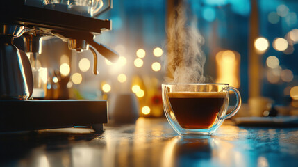 Steaming coffee in glass cup beside espresso machine, warm ambiance