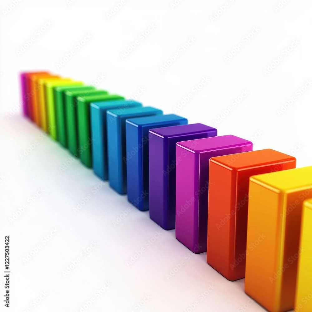 Poster a vibrant row of colorful dominoes arranged in a line, showcasing a spectrum of colors from red to o