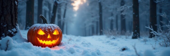 Snowy forest with a carved pumpkin in the distance, winter, atmosphere, snow