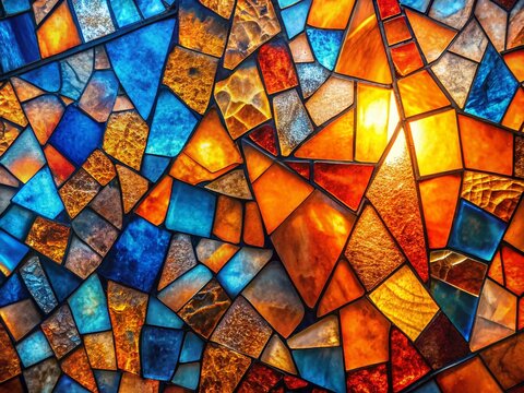 Abstract Orange & Blue Vitrage Mosaic Background - Panoramic Close-Up