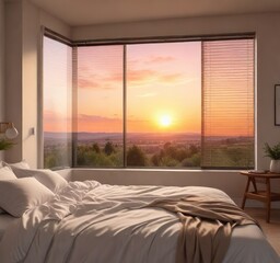 Smart blinds in bedroom gradually opening to simulate a natural sunrise, soft focus, smart blinds, natural ambiance