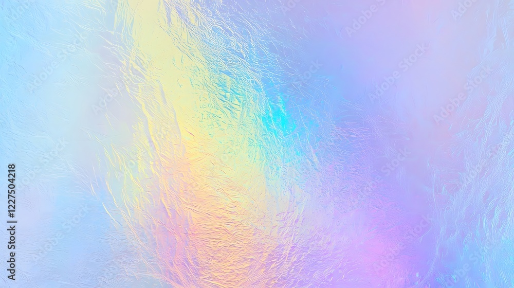 Poster Mesmerizing iridescent holographic foil texture featuring dynamic color shifts and radiant light reflections with seamless gradient blending for a luxurious and modern abstract composition
