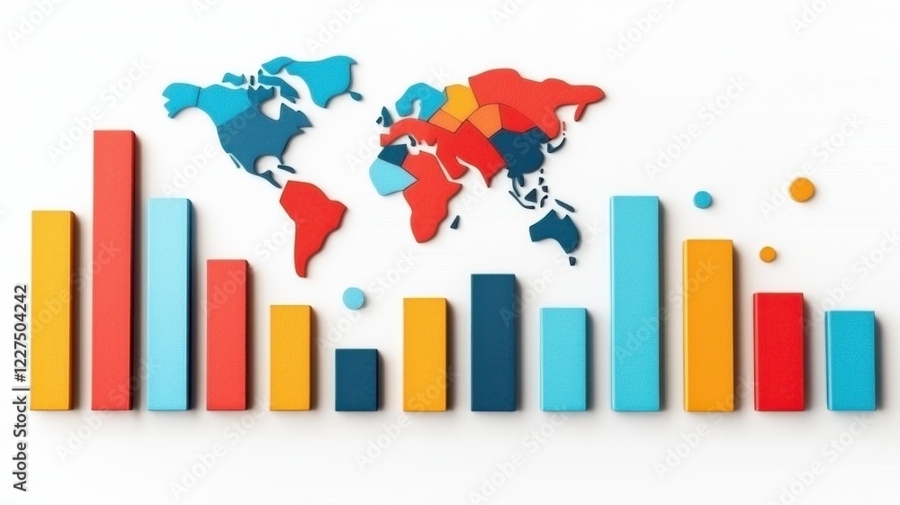 Poster a colorful infographic depicting a world map above bar graphs, illustrating global data analysis and