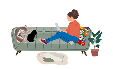 Young woman is sitting on a couch with a laptop and black kitten. Pretty girl freelancer working from home. Vector flat illustration isolated on white background.