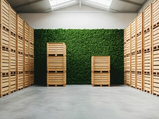 A modern storage area featuring wooden crates and a green wall, representing a blend of nature and industry.