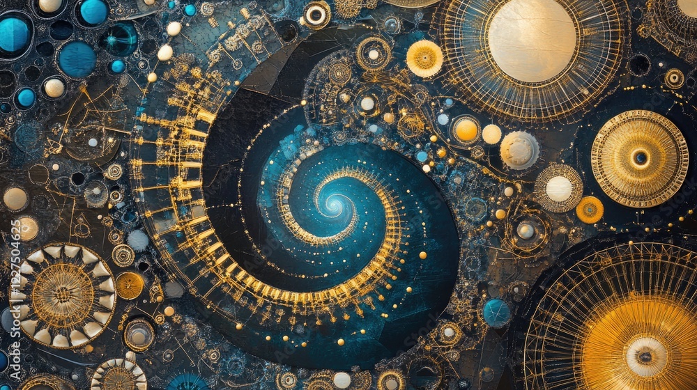 Poster A mathematical equation morphing into golden spirals, fractals, and geometric shapes, showcasing the seamless connection between mathematical principles and artistic design