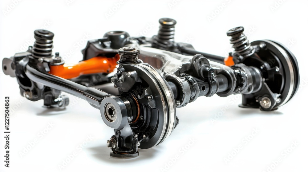 Poster detailed view of a complex automotive suspension system with intricate components and design