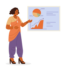 Indian woman making business presentation flat vector illustration isolated on white. Inclusive office concept.