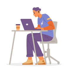 Young man with hearing aid working at laptop flat vector illustration isolated on white. Inclusive workplace concept. 