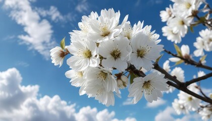 Single white cherry blossom against a bright blue sky with fluffy white clouds, light, airy, petals