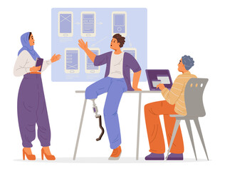 Diverse colleagues on business meeting discussing new app project flat vector illustration isolated on white. Inclusive workplace concept.