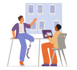 Young man with leg prosthesis and his African American colleague working together in the office on app development  flat vector illustration isolated on white. Inclusive workplace concept. 