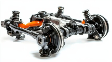 Detailed view of a complex automotive suspension system with intricate components and design