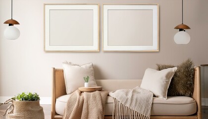 Frame mockup, ISO A paper size. Living room wall poster mockup. Interior mockup with house background. Modern interior design. 3D render
