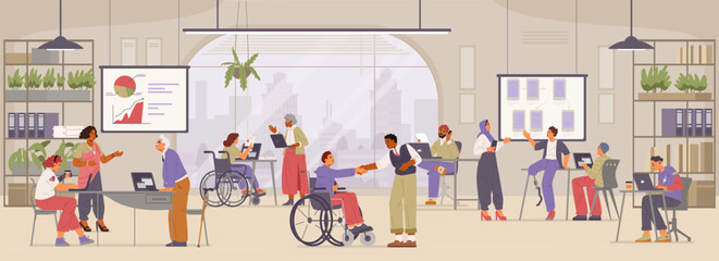 Horizontal open space office interior with diverse employees flat vector illustration. People of different age, ethnicity, in wheelchair, with disabilities. Inclusive workplace concept.