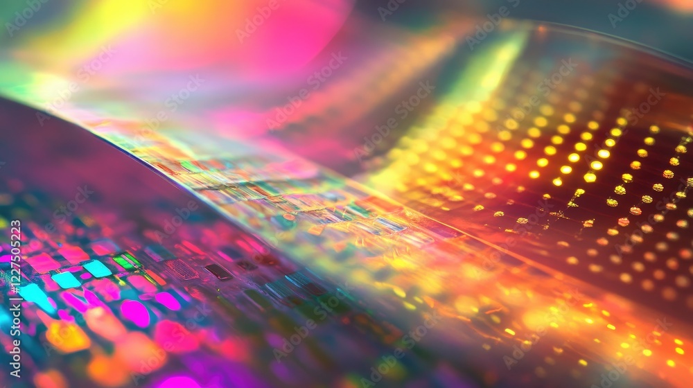 Poster a microscopic view of nanosensors embedded in food packaging, detecting contaminants and alerting co