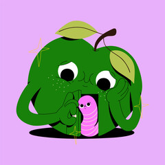 Cute green apple character opens door to a pink worm. You are my home illustration. Funny valentine's day greeting card and poster. Mascot design. Children drawing. Fruit in love.