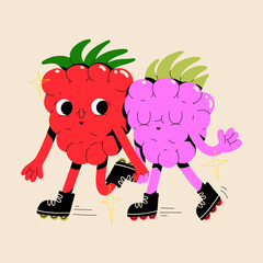 Cute berries couple on roller skates holding hands. Vector isolated trendy raspberries characters illustration. Fruits in love. Friendhip poster. Valentine's day greeting card. Mascot design. 