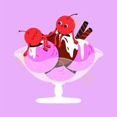 A couple of cute cherries in love sitting on the pink and chocolate ice cream in a glass. Funny cherry character. Valentine's day greeting card and poster. Mascot design. Vector isolated print decor.
