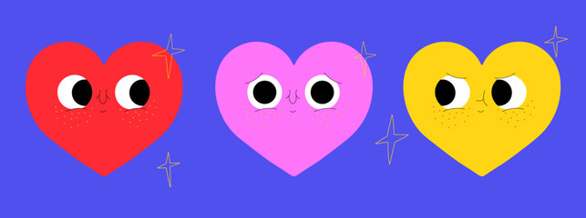 Cute trendy cartoon heart characters. Colorful heart shapes in love. Valentine's day clipart. Happy emotions, positive vibes.