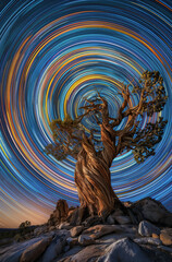 Stunning long-exposure photo of swirling star trails over an old tree, creating a mesmerizing celestial light painting in a night sky