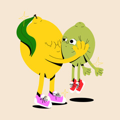 Vector isolated flat illustration of lemon and lime characters friendship. Citrus fruits funny mascot design. Colorful love illustration. Valentine's Day poster and postcard design. Cute faces.
