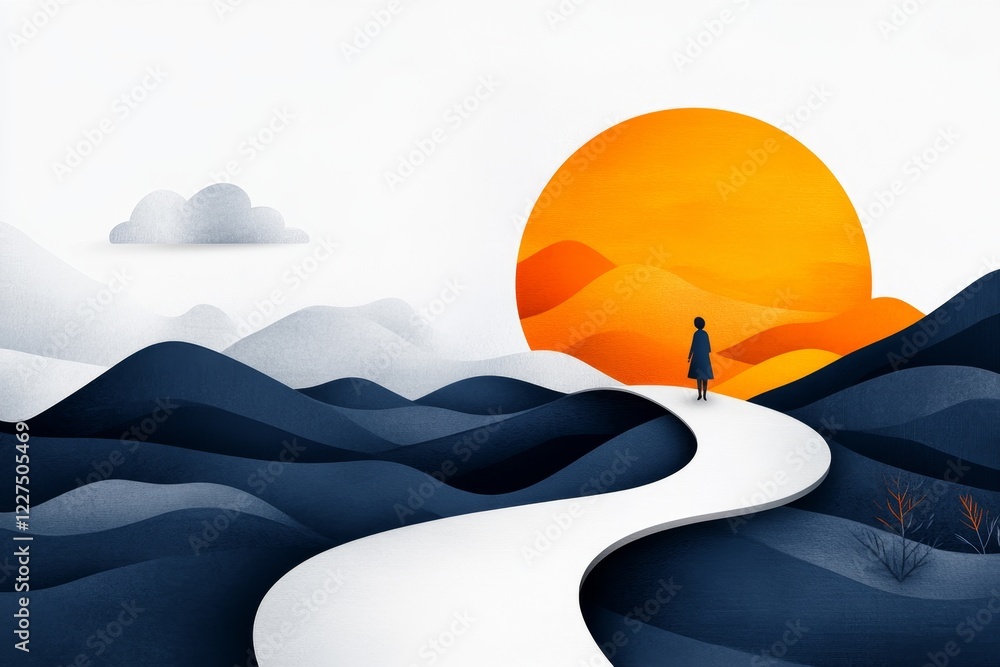 Poster a flat design of a person standing at a fork in the road, with one path sunny and clear and the othe