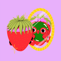 Isolated cute strawberry character making skin care routine with a mask in a bathroom mirror. Self-love. Fruit mascot design. Funny face red berry vector illustration. Cartoon flat retro style. 