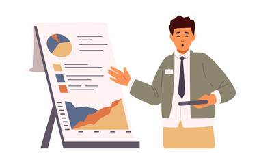 Young man making business presentation flat vector illustration isolated on white.
