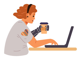 Woman with hand prosthesis working at laptop and drinking coffee flat vector illustration isolated on white. Inclusive workplace concept.