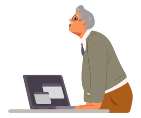 Senior man working at laptop in the office portrait flat vector illustration. 