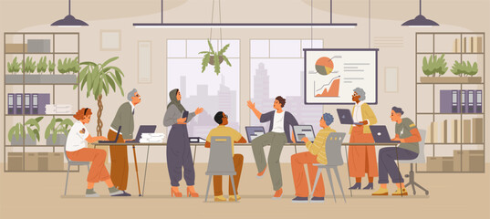 Diverse group of colleagues in a meeting in the open office interior flat vector illustration. Inclusive workplace concept.
