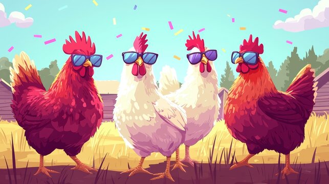 Humorous cartoony characters of dancing chickens wearing sunglasses in a barnyard party scene with bold colors and funny details for an entertaining cartoon illustration