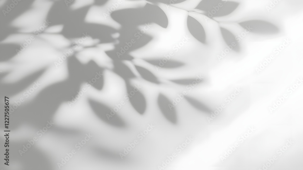 Poster Soft organic shadows of delicate leaves subtly projected onto a pristine white wall creating a harmonious minimalist and calming natural composition with a serene contemporary aesthetic