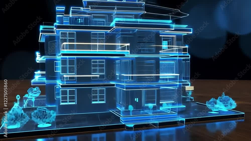 Poster digital architectural model showcasing a modern building design with illuminated features