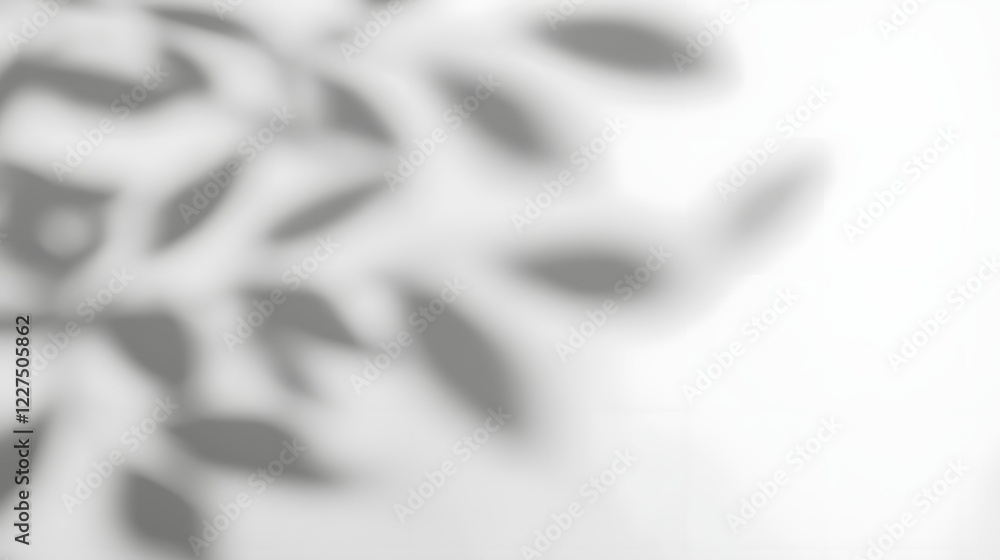 Poster Delicate abstract shadows of natural tree leaves gently falling and casting a calming organic visual effect with subtle gradients and delicate patterns on a pristine white wall background
